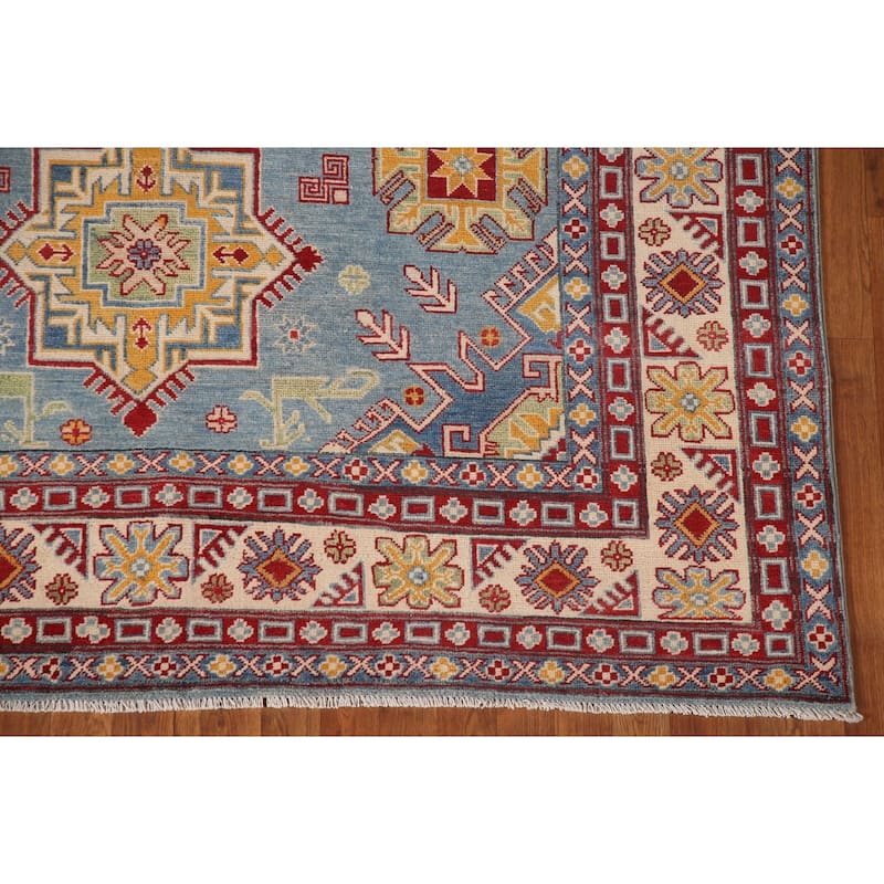 Light Blue Kazak Geometric Area Rug Wool Carpet - 6'7" x 9'10"