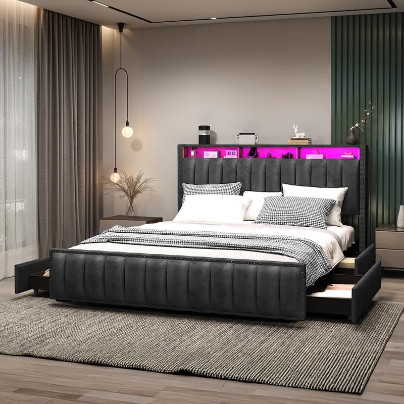 Full / Queen / King Size Platform Bed Frame with Upholstered Storage Headboard and 4 Drawers