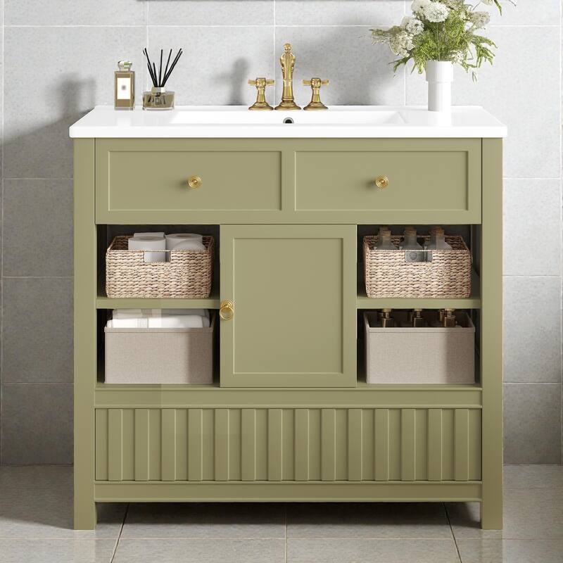 36" Bathroom Vanity with Sink, Solid Wood & MDF Cabinet with Door, Drawer and Open Storage Shelves - Green