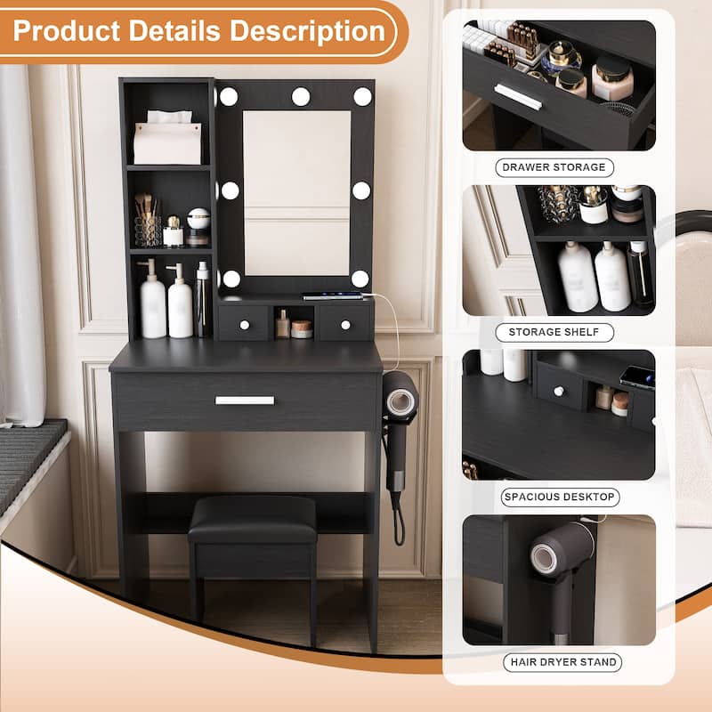 Small Vanity Desk with LED Mirror, Charging Station, Hairdryer Holder & Storage Drawers, Makeup Table with Stool