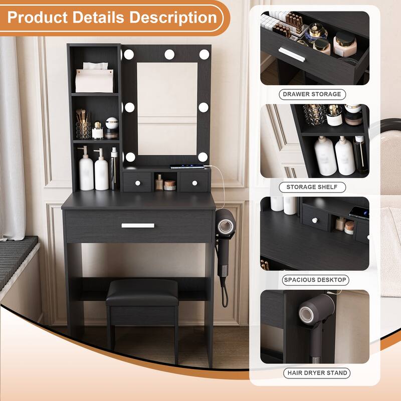 Vanity Desk with Mirror & LED Lights, Makeup Table with Power Outlet, Hairdryer Holder & Stool, Compact Dressing Table Set