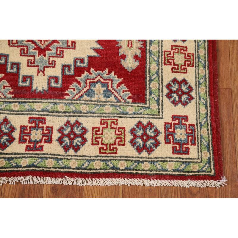 Kazak Foyer Rug Handmade Red Geometric Wool Carpet - 2'8"x 4'0"