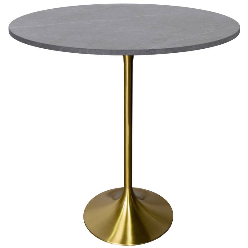 LeisureMod Verve 36" Bar Dining Table with Sintered Stone Round Top in Gold Steel, Gold Marbleized - Marble Grey