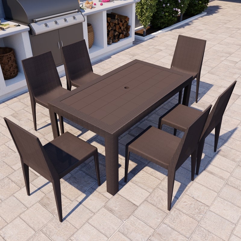 Mace All Weather Outdoor Patio Rectangular Dining Table with Umbrella Hole and Weave Design
