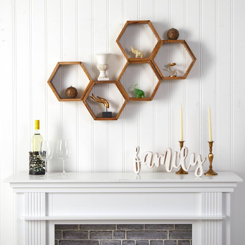 Set of 5 Wooden Hexagon Honeycomb Wall Shelves 12"