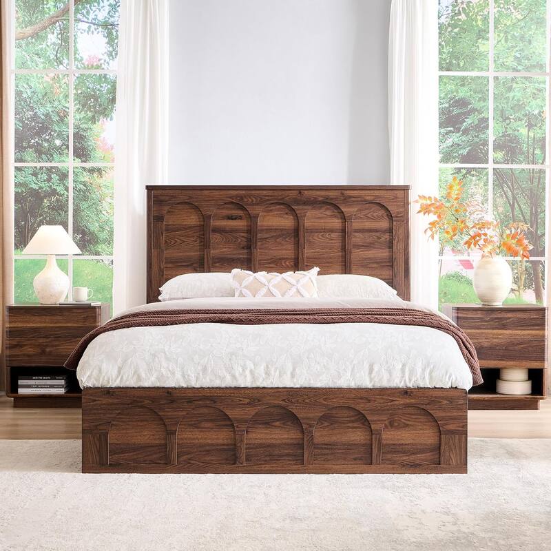 Modern Queen Size Bed Frame, 52" Tall Arched Recessed Headboard