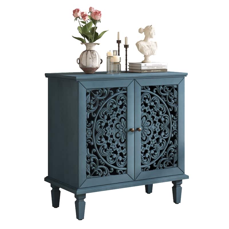 GDF Studio - Vintage Hollow-Carved Accent Cabinet, 2-Door Display Sideboard with Adjustable Shelf