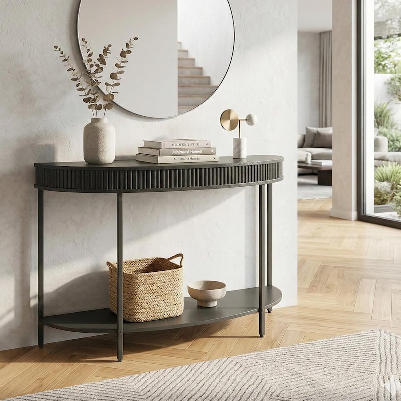 Fluted Half Moon Console Table, 47" Width Modern 2-Tier Black Entryway Console for Living Room Hallway Foyer