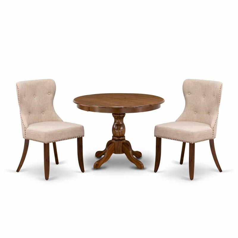 3-Piece Acacia Walnut Finish Solid Wood Top - Button Tufted Dining Room Set - Seats 4