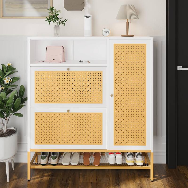 AECOJOY Shoe Storage Cabinet with 2 Flip Drawers with Door & Open Storage - 10.2"D x 43.3"W x 50"H
