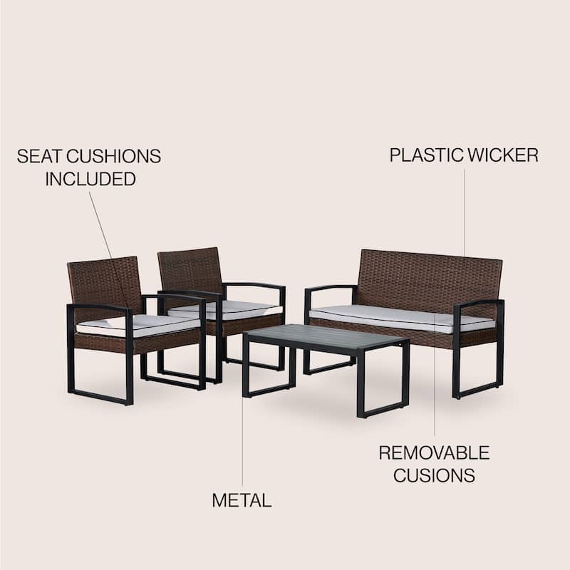 Thom 4-Piece Modern Coastal Faux Wicker Conversation Outdoor Patio Set, by JONATHAN Y
