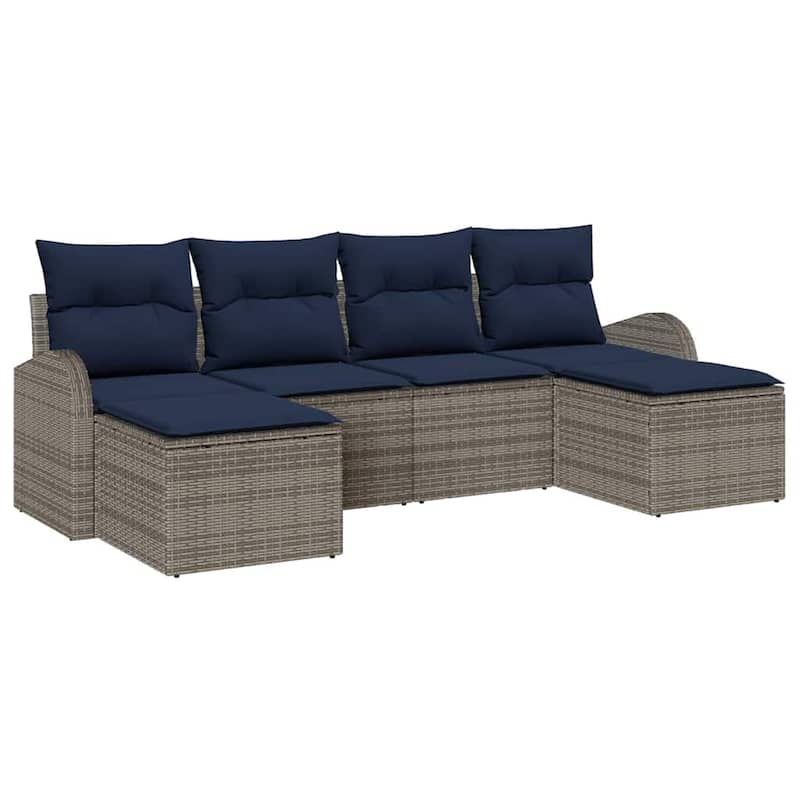 vidaXL 6 Garden Sofa Set with Cushions Black/Brown/Grey Poly Rattan - 92.1 x 24.4 x 27.2