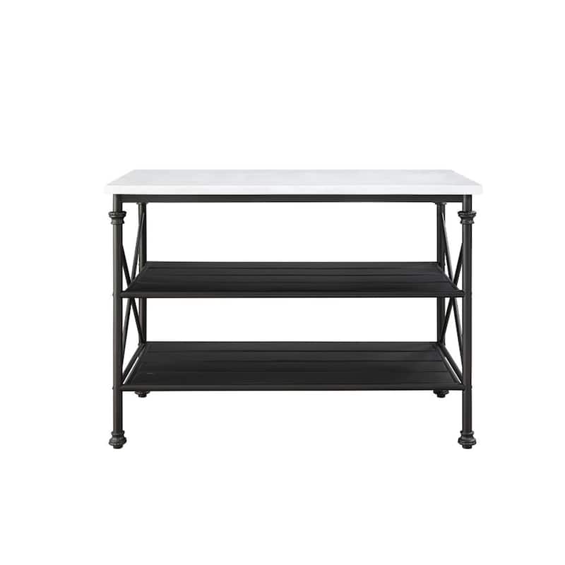 2 Open Shelves Kitchen Island with Marble Top in White and Gray