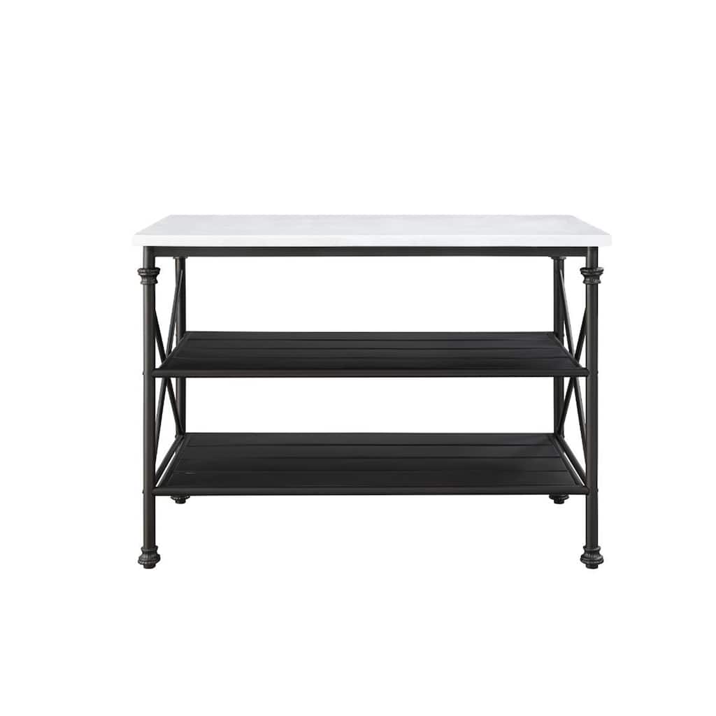 2 Open Shelves Kitchen Island with Marble Top in White and Gray