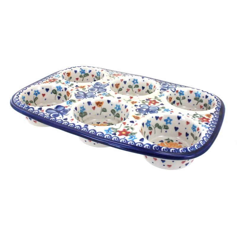 Blue Rose Polish Pottery 335 Vena Muffin Pan - Butterfly