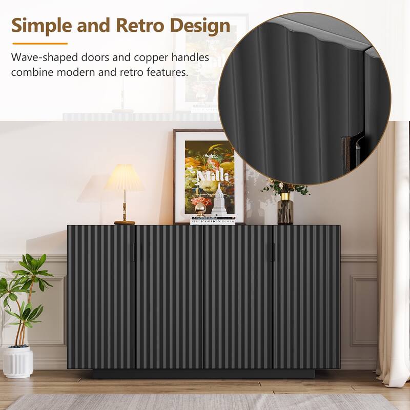4 Fluted Doors Buffet Cabinet Sideboard Cabinet with Adjustable Shelves and Copper Handles for Dining Room and Living Room