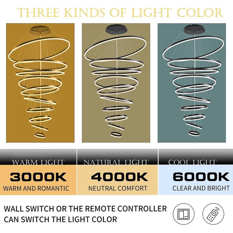 Modern Ring LED Chandelier Remote Control Dimmable Pendant High Ceiling Light Fixture