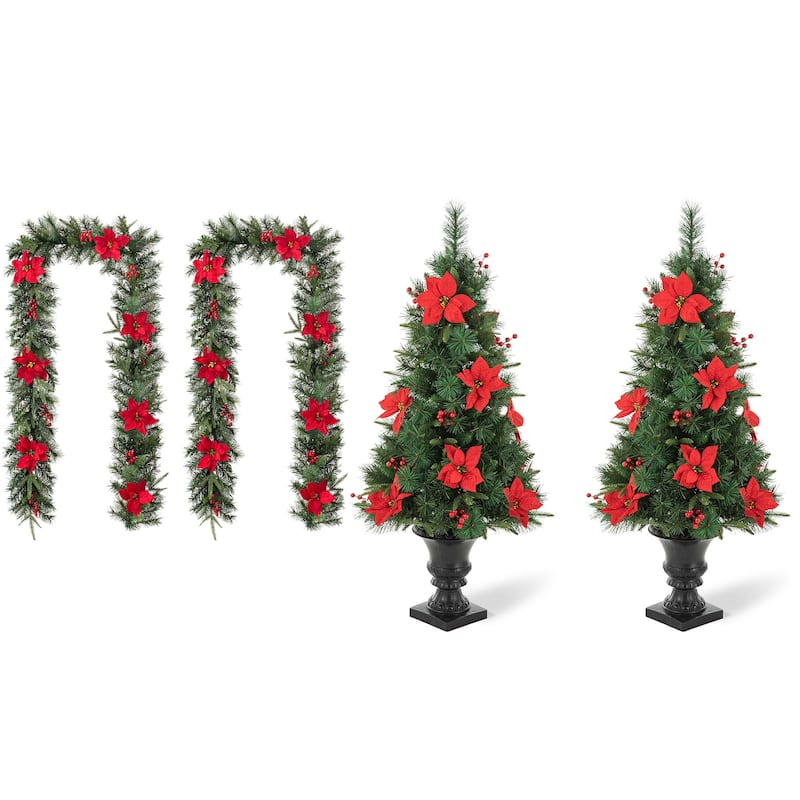 Glitzhome 4ft/5ft Pre-Lit Pine Artificial Christmas Potted Porch Trees with Warm White Lights and Poinsettia
