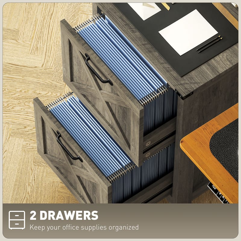 HOMCOM 2 Drawer Vertical File Cabinet with Silent Slides,Farmhouse Filing Cabinet with Barn Doors for A4/Letter Size