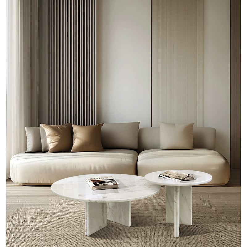 Roomfitters Marble Coffee Table Set, Round Living Room Tables, Solid Stone Modern Accent Table Set, Genuine Marble - White+Natural