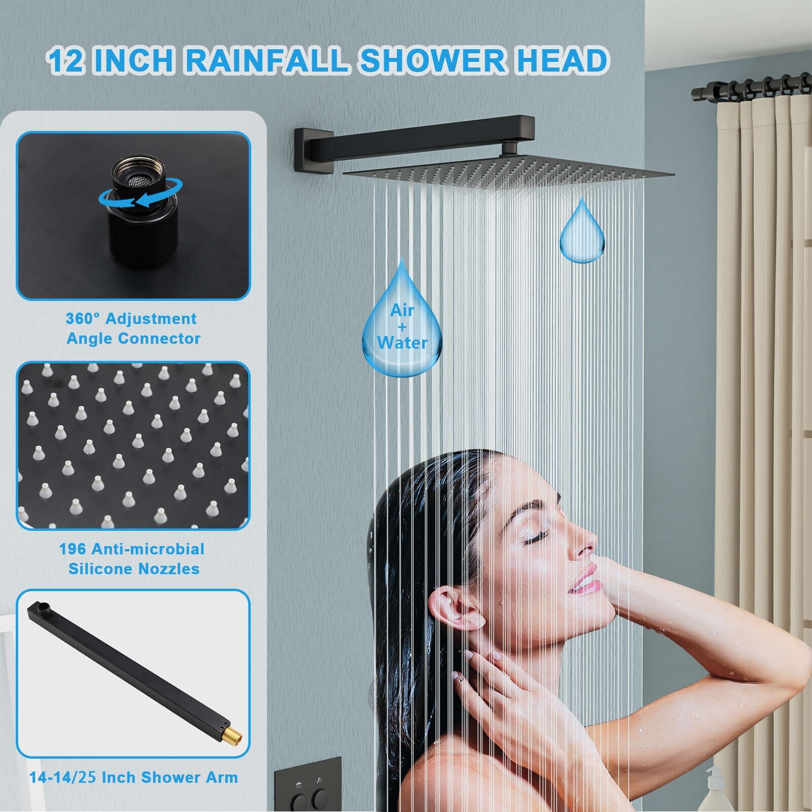 Square Shower Head Bathroom Water Saving Ultra Thin 304 Stainless Steel Adjustable Rain Shower Head Adjustable Shower Head