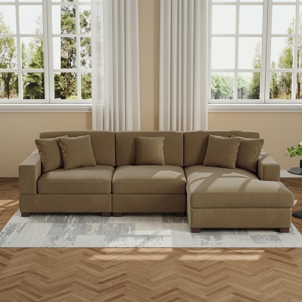 Modern L-Shaped Corduroy Modular Sectional Couch Sofa with Pillows