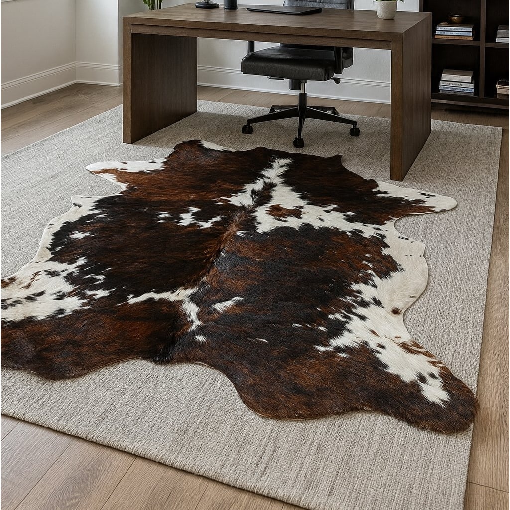 6' x 7' Feet Brindle Tri-Color Cowhide Brown Black White Handmade Soft Large Cow Hide Cow Skin Leather Animal Area Rug