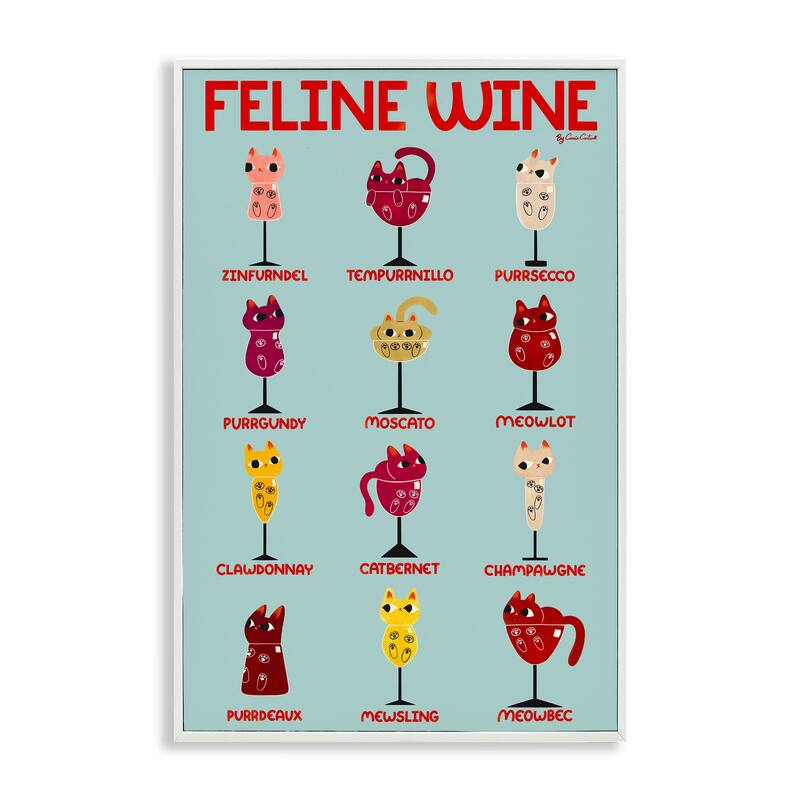 Stupell Clever Feline Wine Drinks Framed Giclee Art Design By Carrie Cantwell - 16 x 24 - White