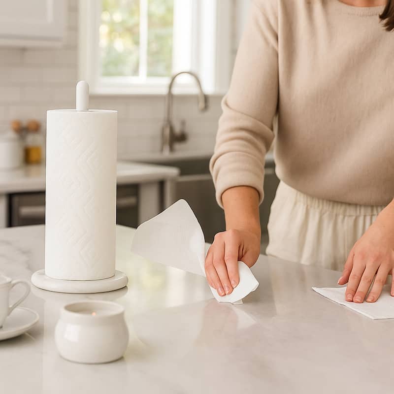 Creative Home White Marble Upright Paper Towel Holder with White Metal Pole