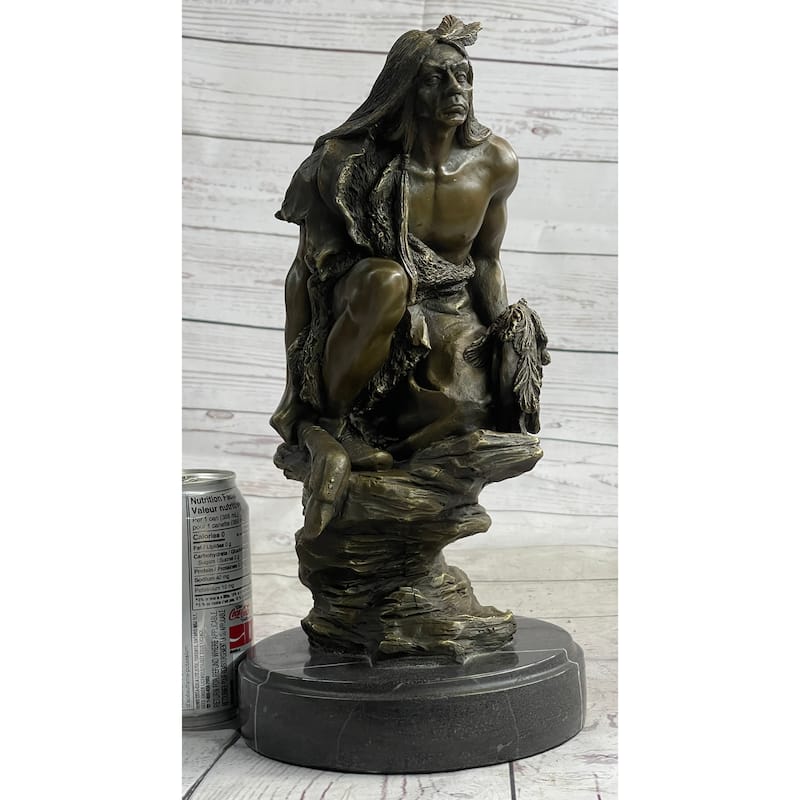 Native American Indian Warrior Squatting On Rock Bronze Sculpture Statue Marble Base