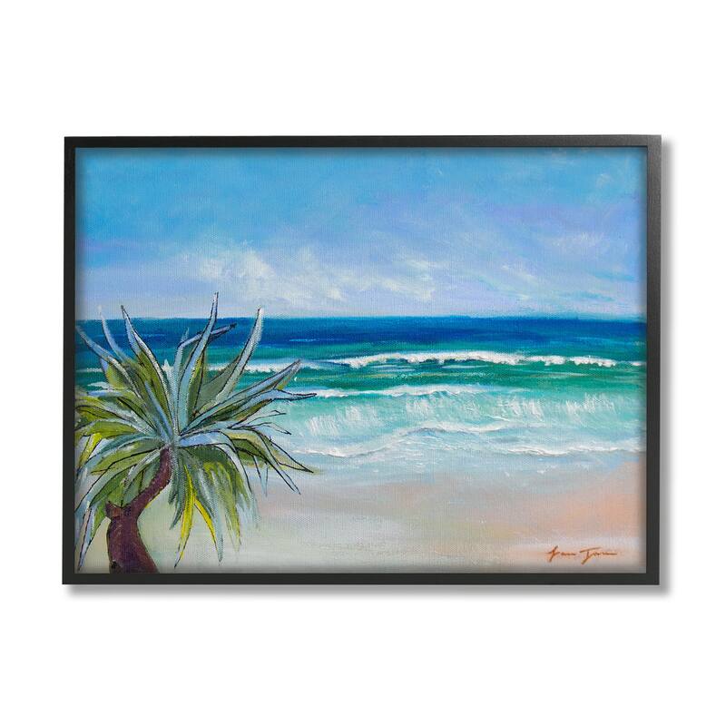 Stupell Incoming Waves Summer Beach Palm Tree Blue Painting Framed Wall Art - Orange - 30 x 24 - Black