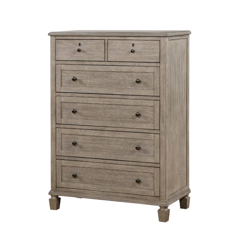Cely Tall Dresser Chest, 6 Drawers, Gray Oak Wood, Nickel Tone Knobs