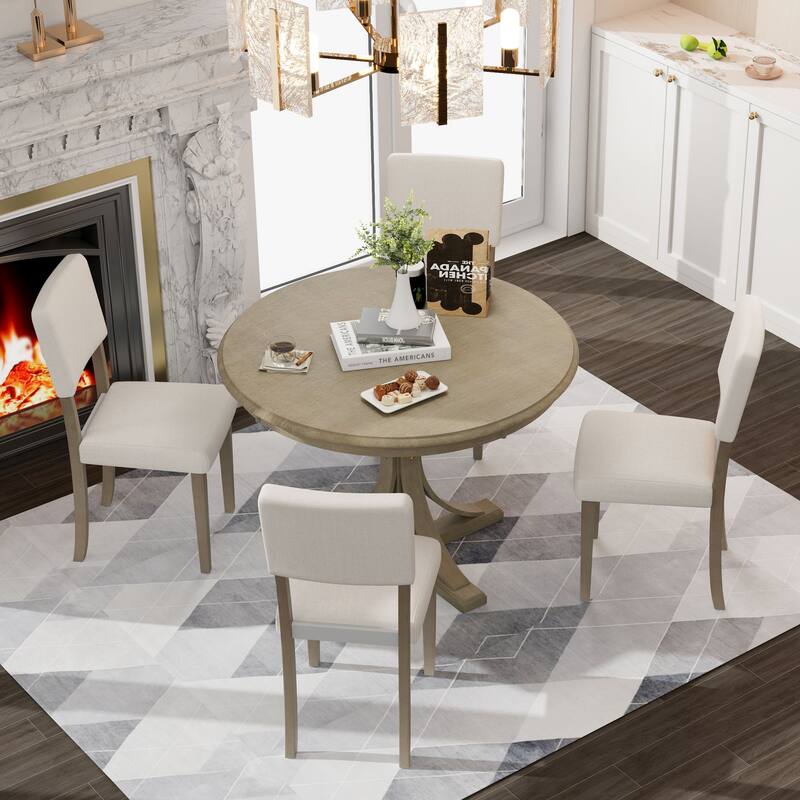 5-Piece Wooden Dining Table Set with Curved Trestle Table & 4 Chairs