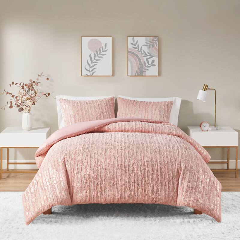 Intelligent Design Alaia Metallic Print Synthetic Fur Duvet Cover Set - Blush/Gold - Twin