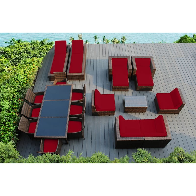Ohana Outdoor Patio 20 Piece Mixed Brown Wicker Sofa and Dining Set - Red