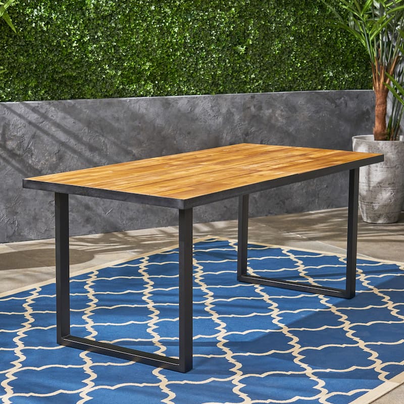 70 Inch Acacia Wood Dining Table Teak Top Black Metal Legs Outdoor Patio