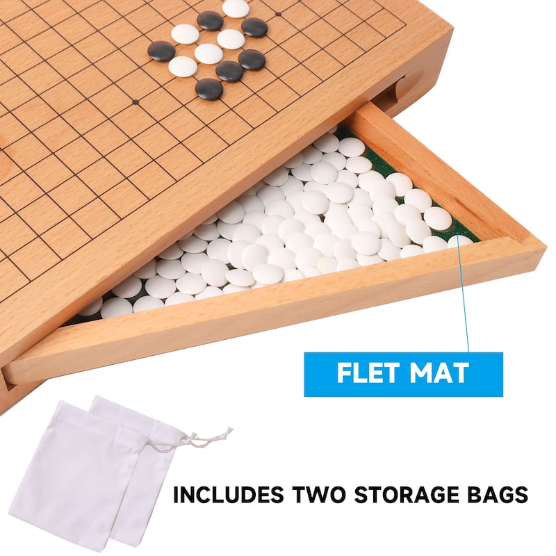 12-Inches Wooden Go Board Game Set with Drawers, Wood Go Game Board Set with Plastic Stones