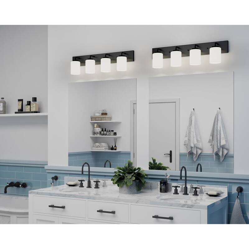 Merry Collection 4-Light Etched Glass Matte Black Bath Vanity Light