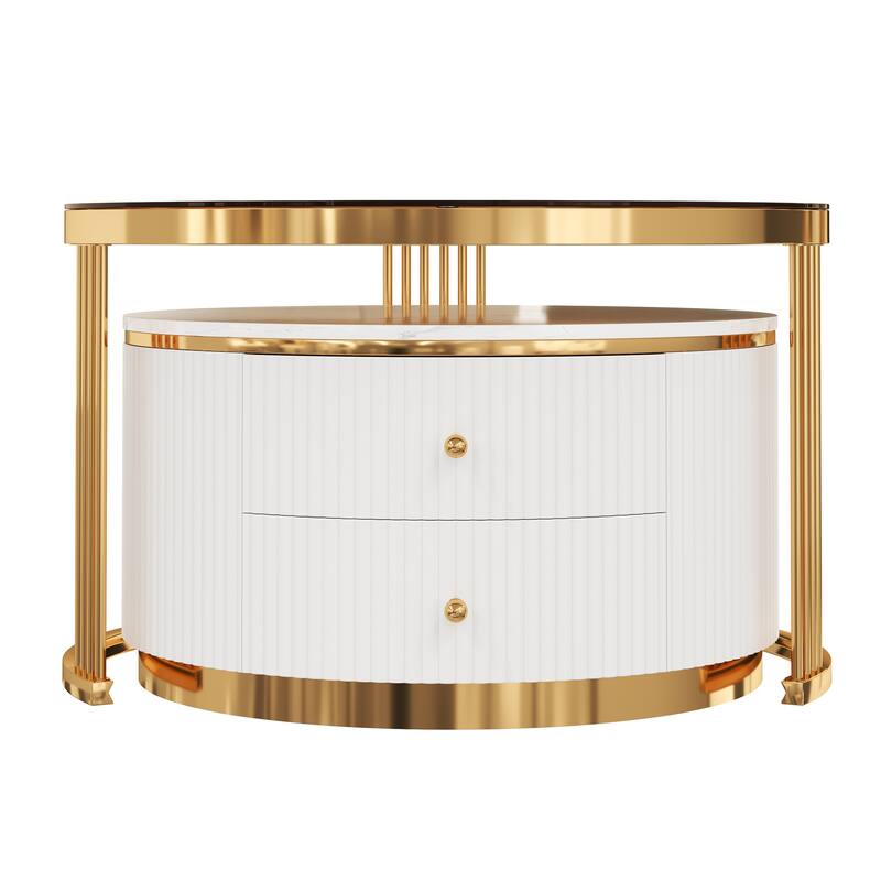 Modern 2 Pieces Round Nesting Coffee Table with Drawers and Brown Tempered Glass Top in 27.6"