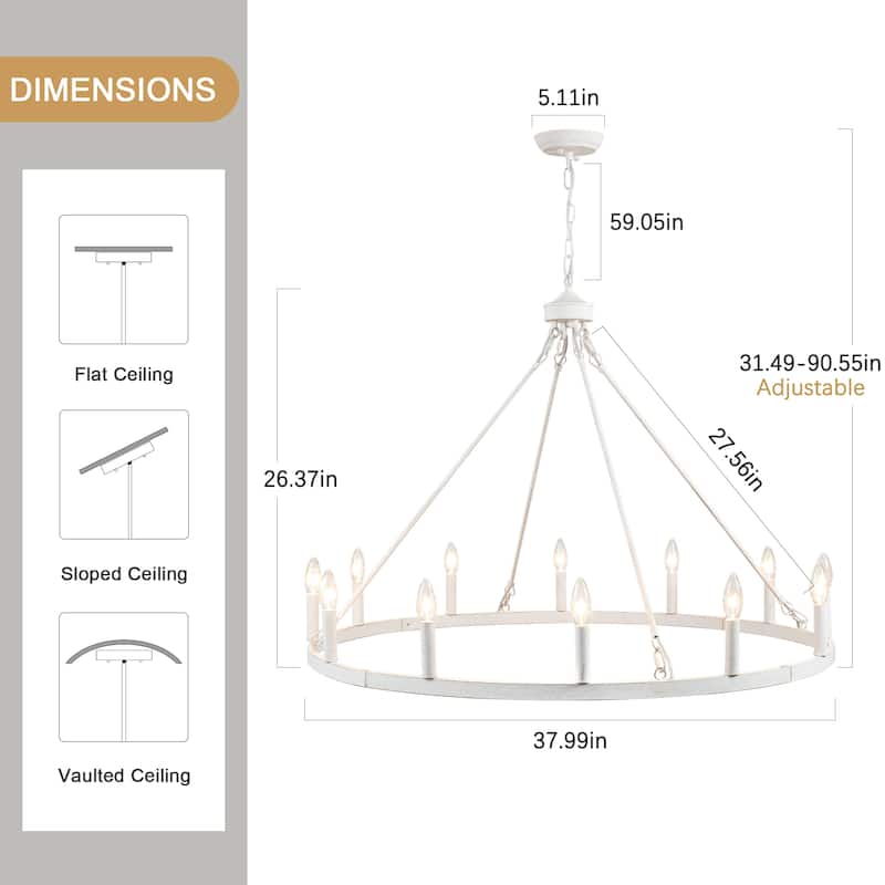 12-light Rustic Farmhouse Wagon Wheel Chandelier for Living Room - W37.99" x H90.55" - N/A
