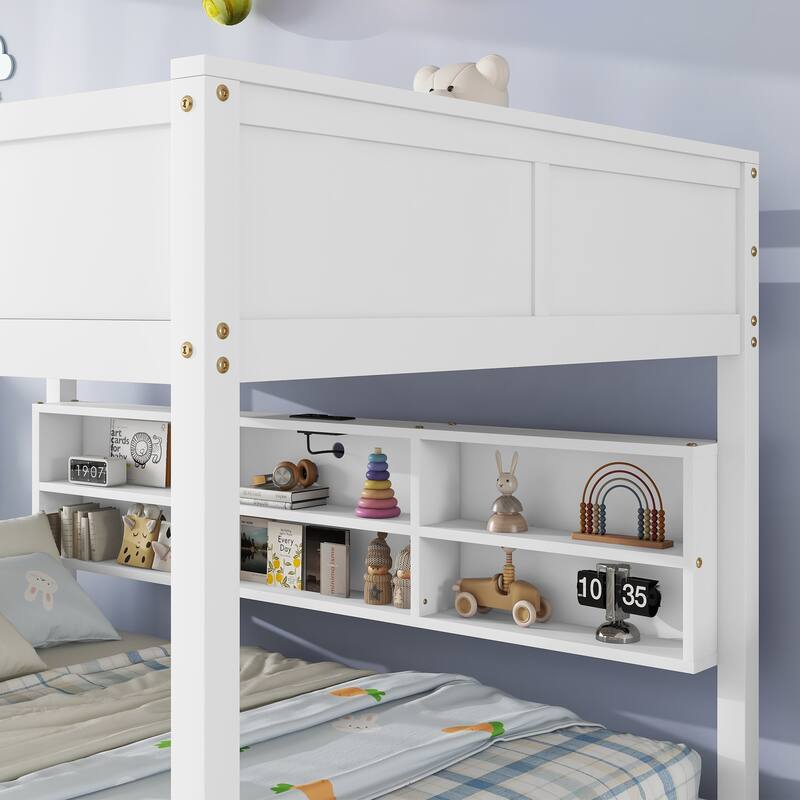 Queen Over Queen Bunk Bed with Built-in Storage Cabinets,Charging Station,Ladder,Safety Guardrails,Solid Pine Wood Bunk Bed