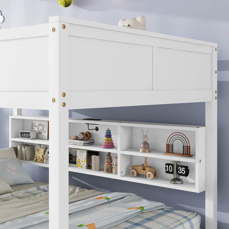 Wooden Queen Size Bunk Bed Frame with Charging Station and Storage Cabinets, Solid Pinewood Bunk Bed Frame, Queen over Queen