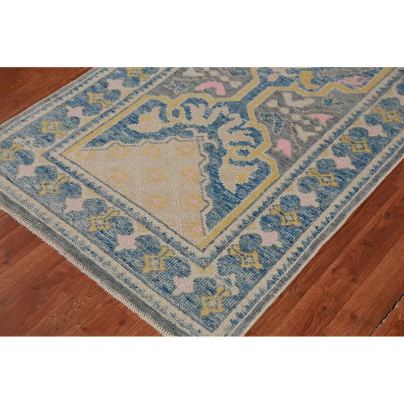 Hand Knotted Oriental 100% Wool Carpet Transitional Geometric Greys & Charcoal Oushak Runner Rug - 14' 1'' X 3' 2''