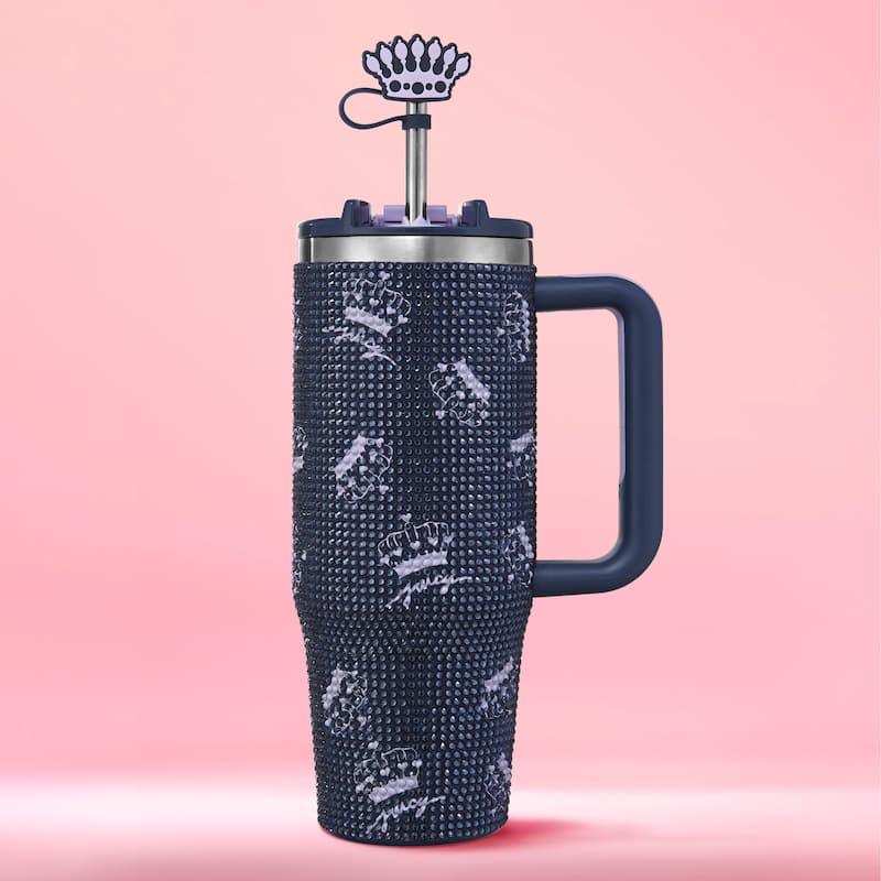 Juicy Couture Jetsetter Hydration Stainless Steel Tumbler with Handle and Straw With Topper - 30oz - Navy Crown Logo