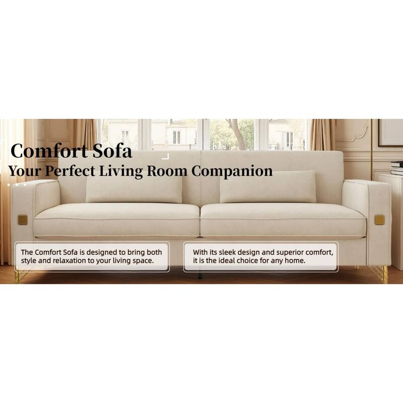 Roomfitters Mid-Century Modern Upholstered Sofa with Gold Metal Legs and Square Arms, Elegant Couch for Living Room