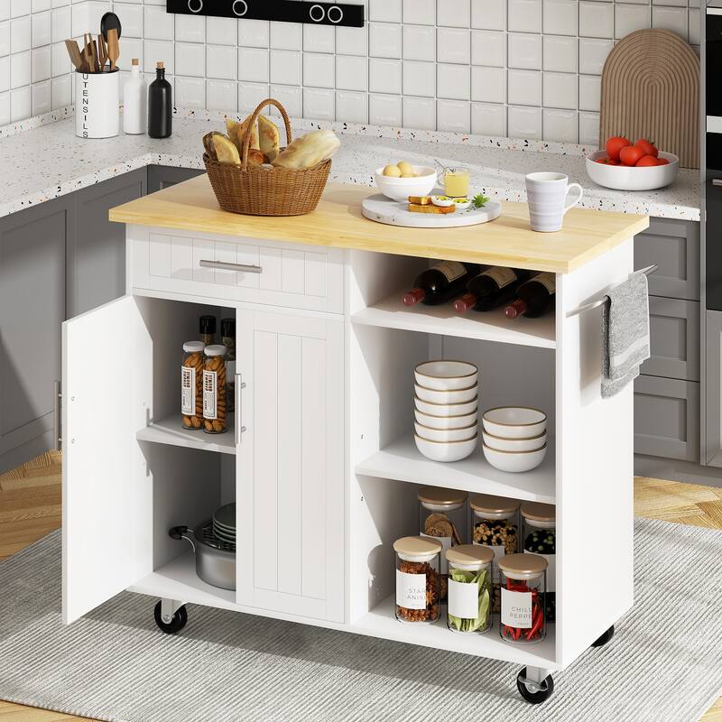 Futzca Mobile Kitchen Island Cart with Wooden Countertop & Drawer - N/A - White