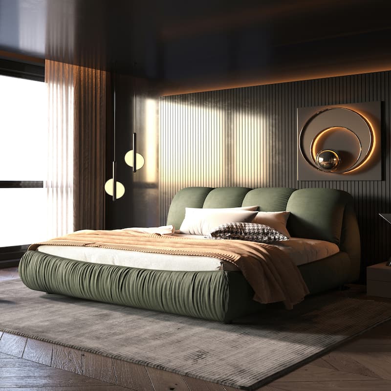 King Size Upholstered Bed Frame with Extra-Wide Cushioned Headboard, Solid Pine Slats & Adjustable Mattress Height