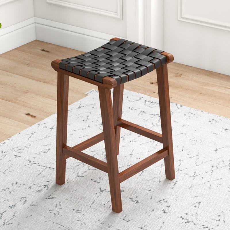 GDFStudio - James Mid-Century Modern 23.6"H Counter Stool with Solid Wood Frame & Genuine Leather Upholstery
