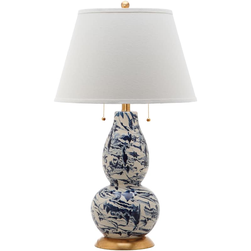 SAFAVIEH Lighting 29-inch Navy and White Color Swirls Glass Table Lamp (Set of 2) - 17"x17"x28"