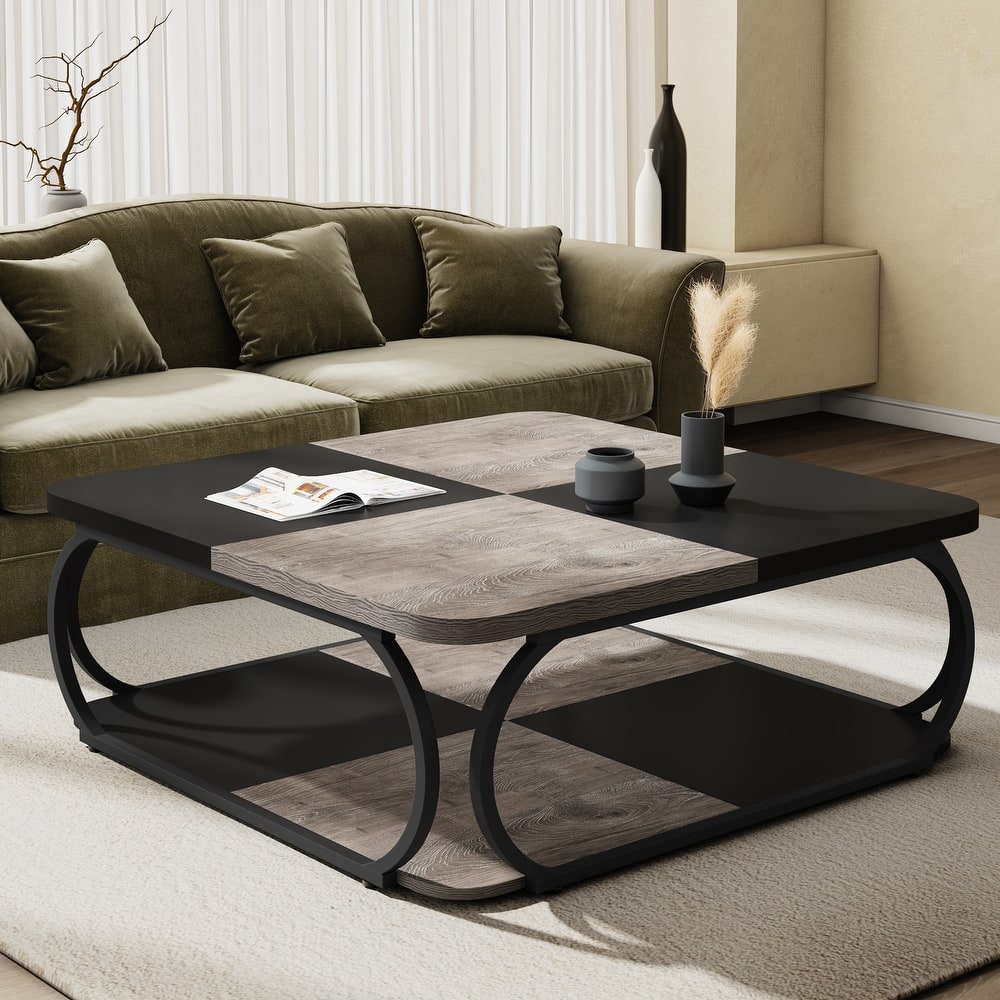 2-tier Square Coffee Table with Curved Metal Frame for Living Room